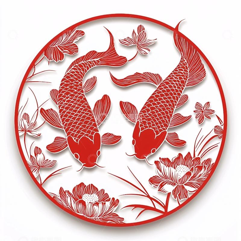 高清大图下载【趣麦麦图】红鲤鱼剪纸圆形图案