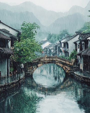 雨中江南古镇