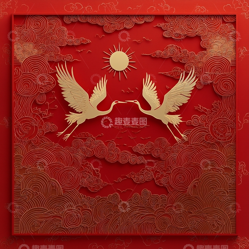 高清大图下载【趣麦麦图】红色背景剪纸仙鹤
