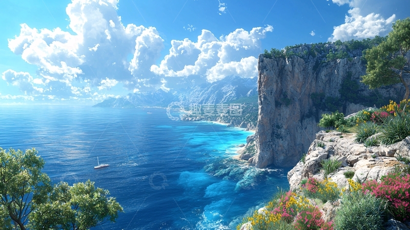 高清大图下载【趣麦麦图】阳光明媚海边悬崖峭壁
