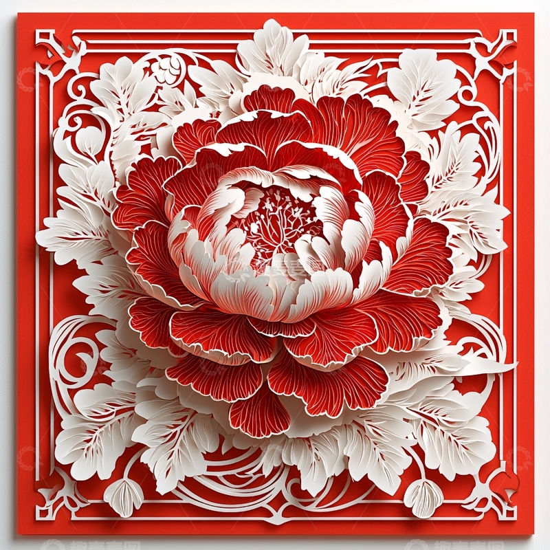 高清大图下载【趣麦麦图】红白牡丹纸雕艺术画