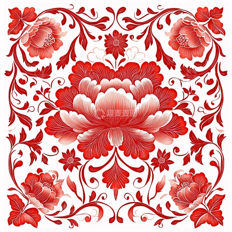 高清大图下载【趣麦麦图】红色牡丹花纹图案