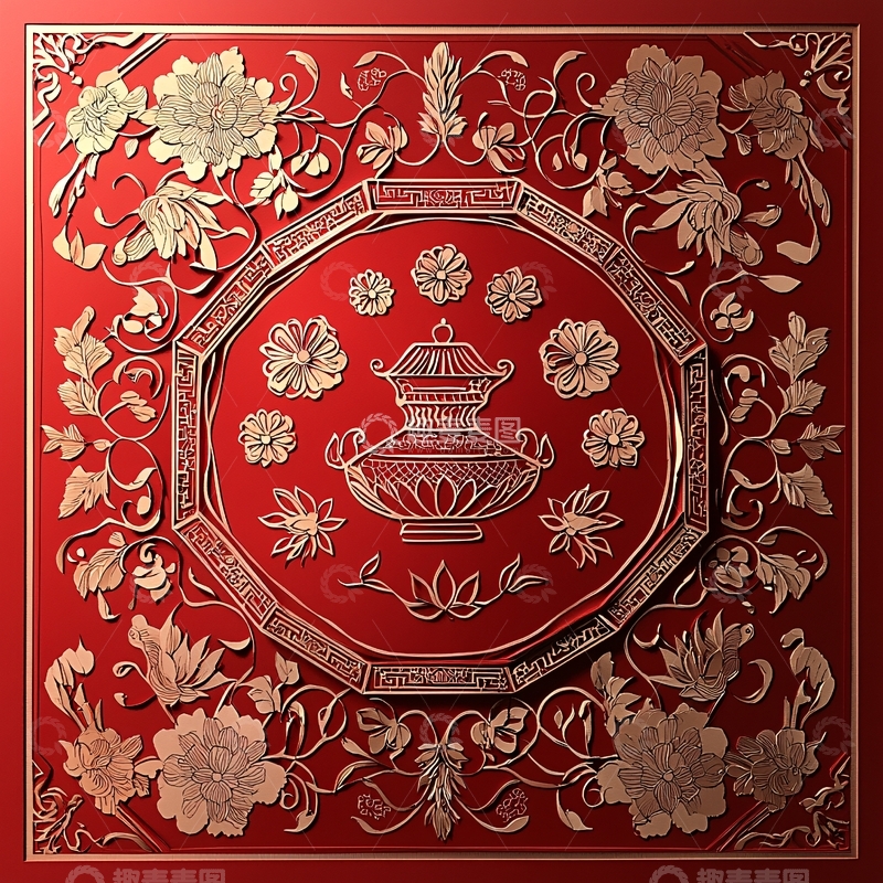 高清大图下载【趣麦麦图】红金色祥云纹样花瓶图案