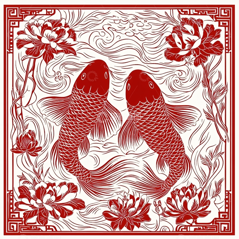 高清大图下载【趣麦麦图】红色鲤鱼花纹图案