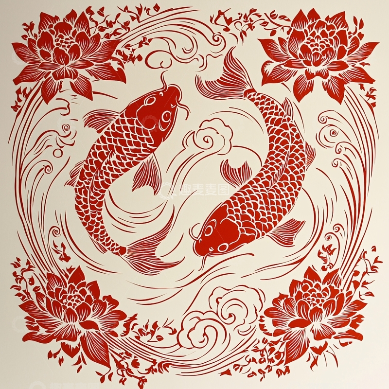 高清大图下载【趣麦麦图】红鲤鱼荷花纹样