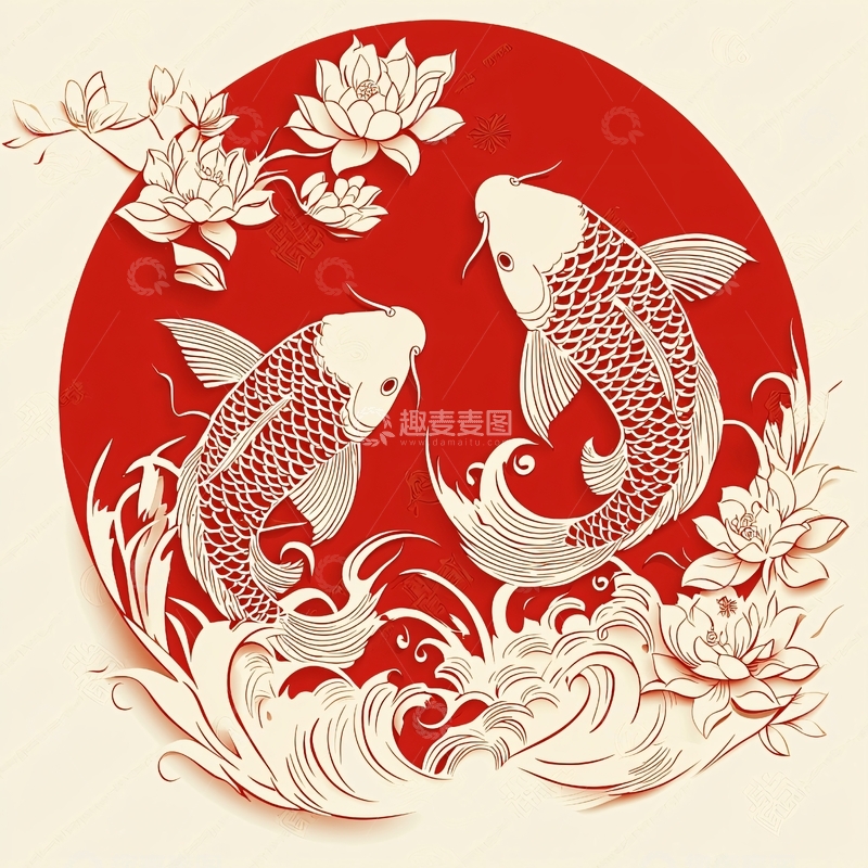 高清大图下载【趣麦麦图】红底白鲤鱼剪纸图案