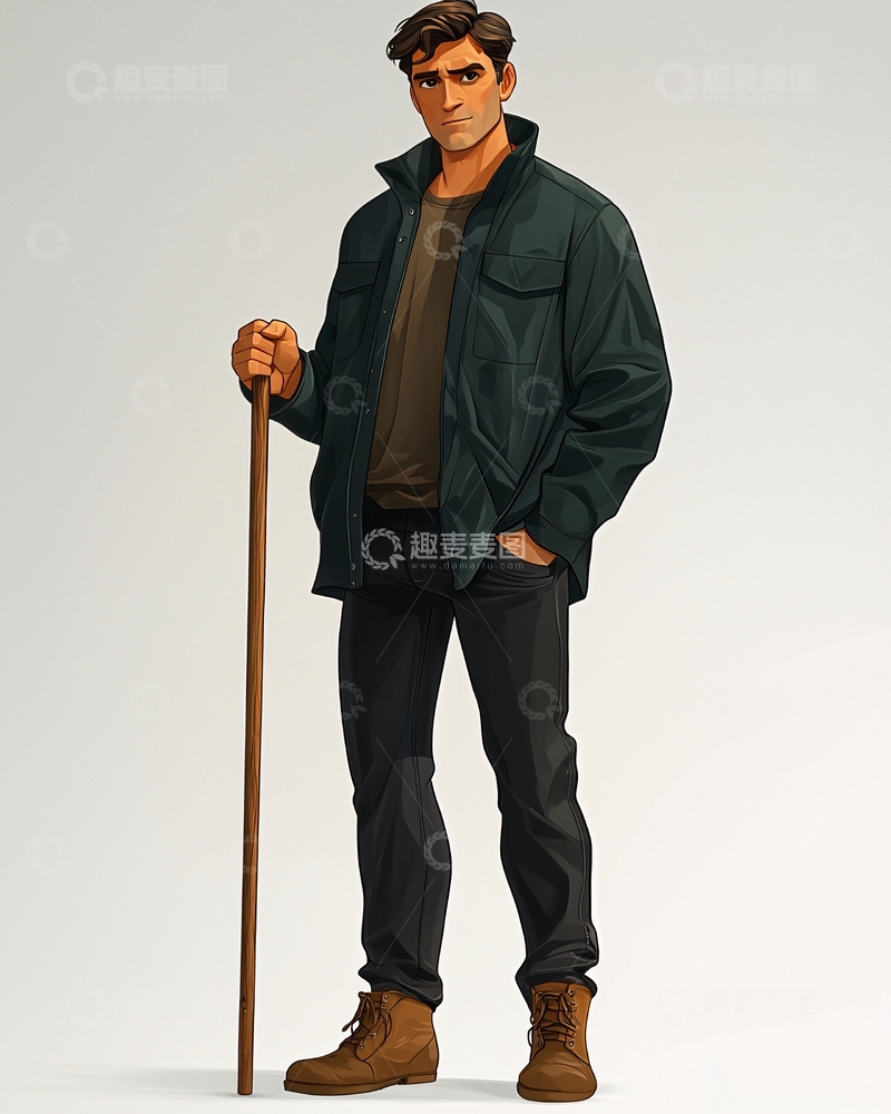 高清大图下载【趣麦麦图】帅气男人撑着木杖