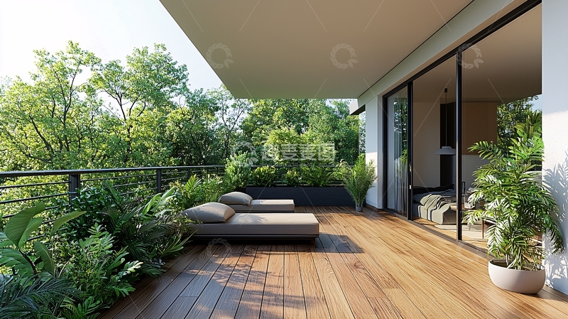 高清大图下载【趣麦麦图】阳台木地板休闲椅绿植