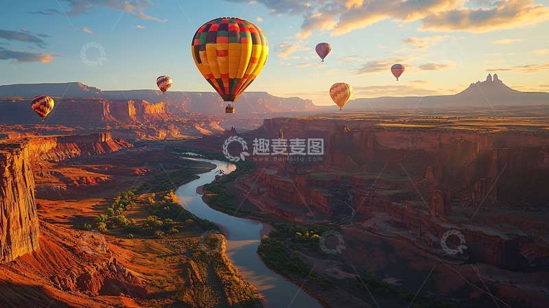 高清大图下载【趣麦麦图】热气球峡谷日落