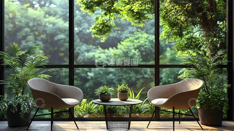 高清大图下载【趣麦麦图】落地窗绿植休闲区