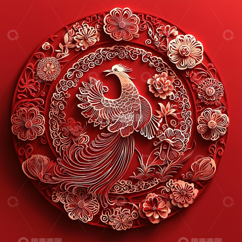 高清大图下载【趣麦麦图】红色背景凤凰图