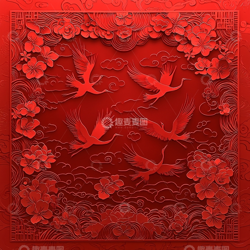 高清大图下载【趣麦麦图】红色剪纸鹤