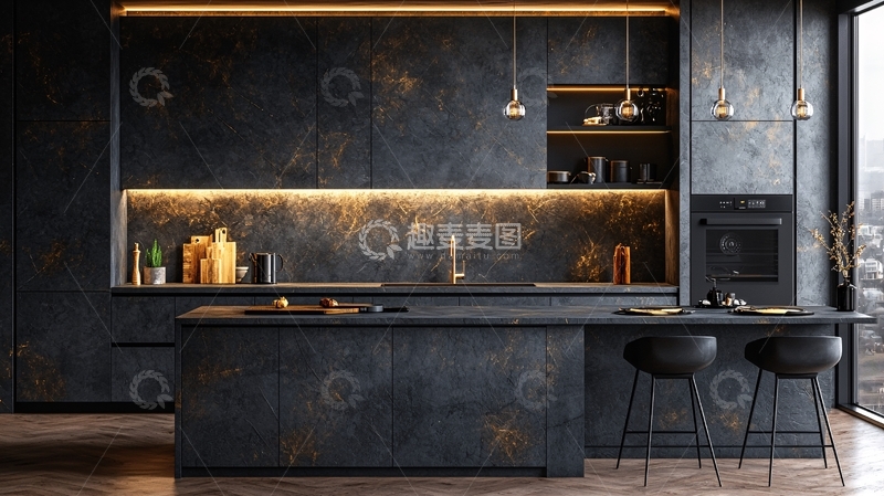 高清大图下载【趣麦麦图】暗色系现代化厨房设计