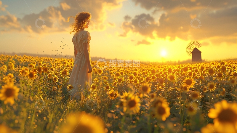 高清大图下载【趣麦麦图】夕阳下向日葵田的女孩