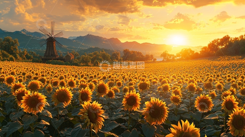 高清大图下载【趣麦麦图】向日葵田夕阳风车