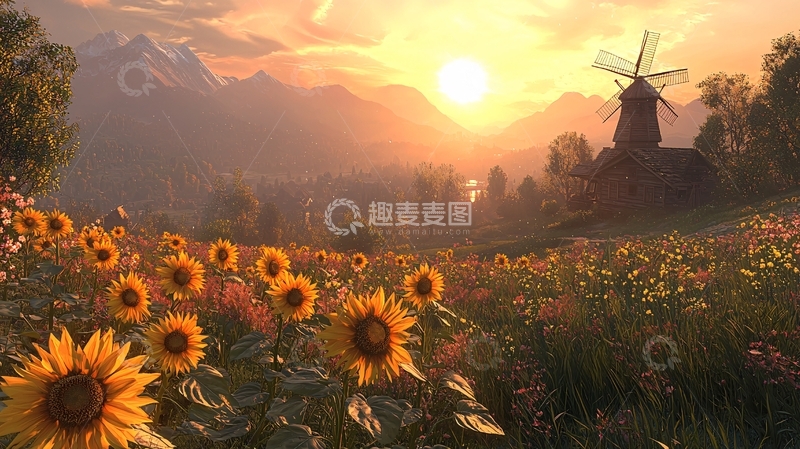 高清大图下载【趣麦麦图】夕阳下的向日葵田园风光