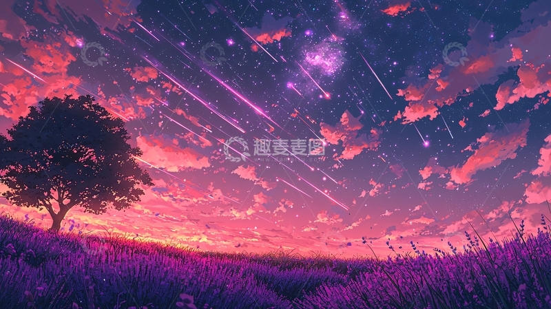 高清大图下载【趣麦麦图】唯美星空树下薰衣草田