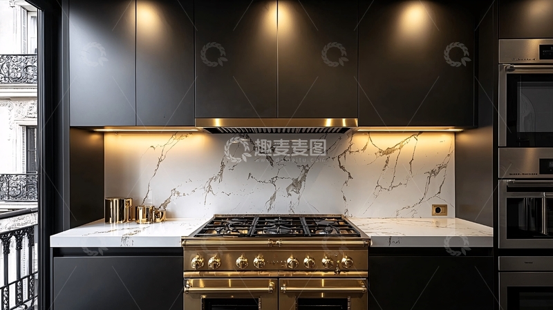 高清大图下载【趣麦麦图】黑色橱柜金色炉灶大理石背景