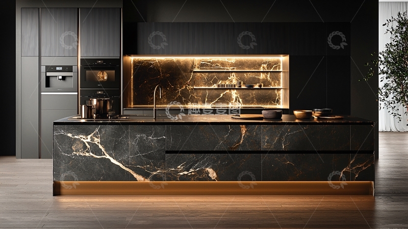 高清大图下载【趣麦麦图】奢华黑色大理石厨房岛台