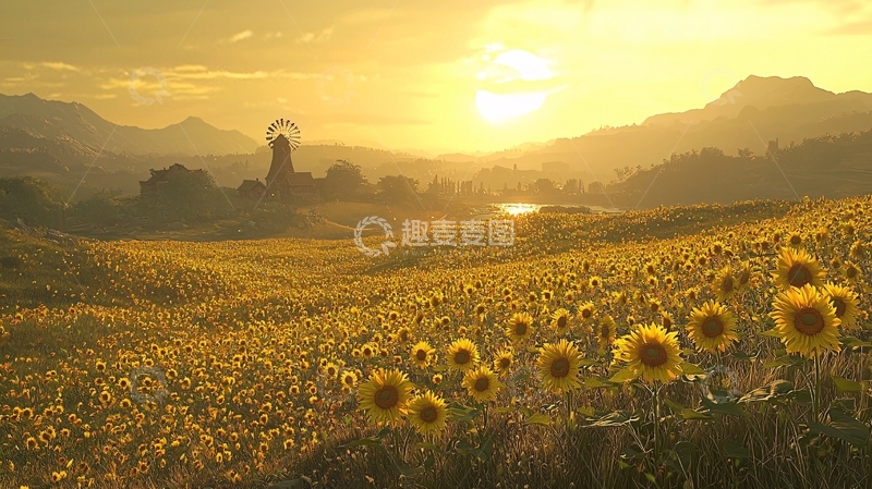 高清大图下载【趣麦麦图】日落下的向日葵田