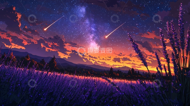 高清大图下载【趣麦麦图】梦幻星空下的薰衣草田