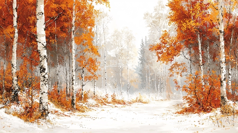 高清大图下载【趣麦麦图】秋日白桦林雪景