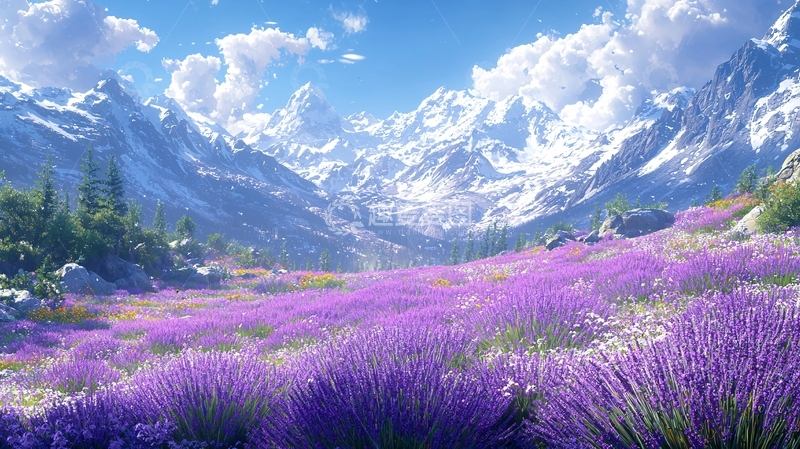 高清大图下载【趣麦麦图】雪山薰衣草田