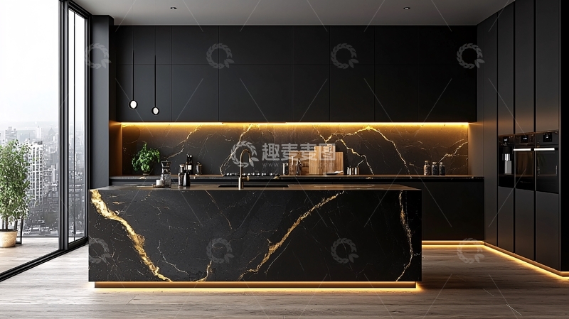 高清大图下载【趣麦麦图】黑色大理石现代厨房