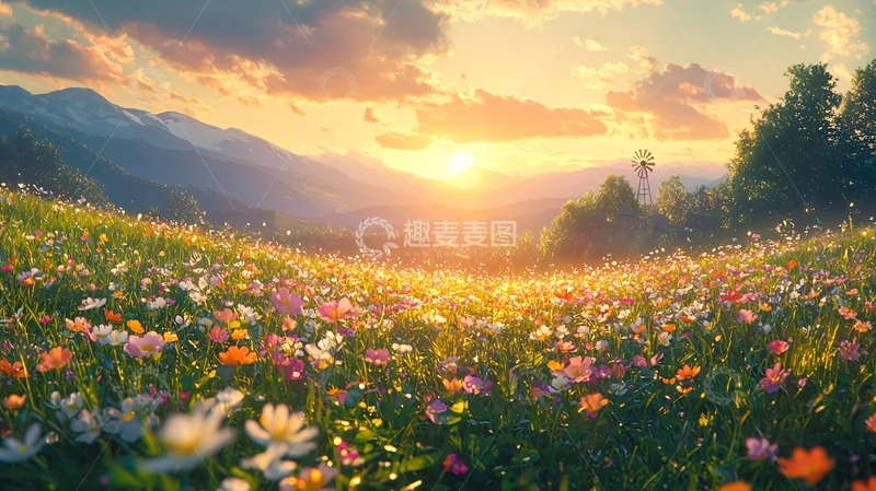 高清大图下载【趣麦麦图】山间日落花海