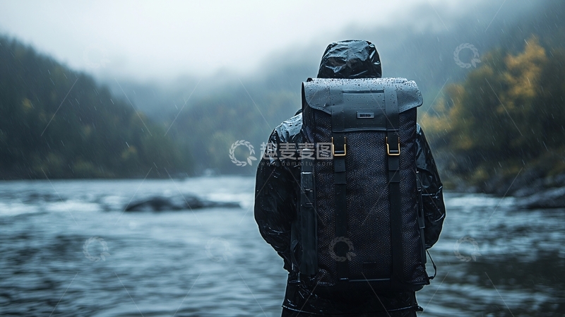 高清大图下载【趣麦麦图】雨中河流旁的背包客