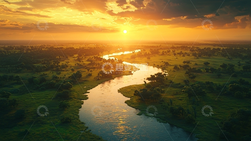 高清大图下载【趣麦麦图】夕阳西下河流蜿蜒