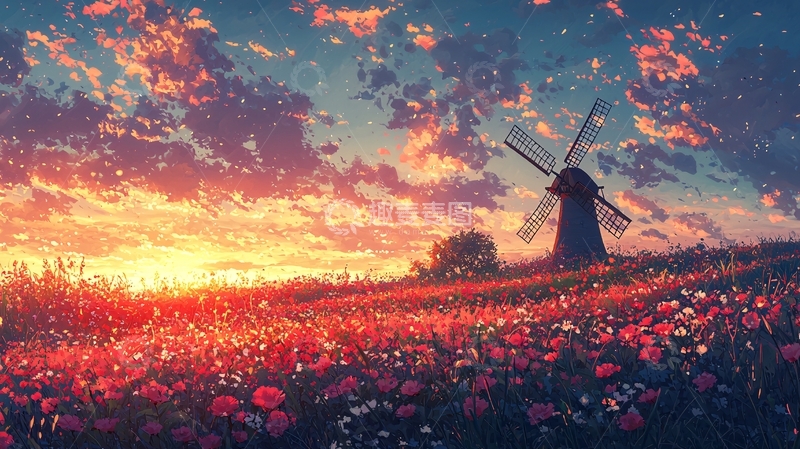 高清大图下载【趣麦麦图】夕阳下的田园风车风景画