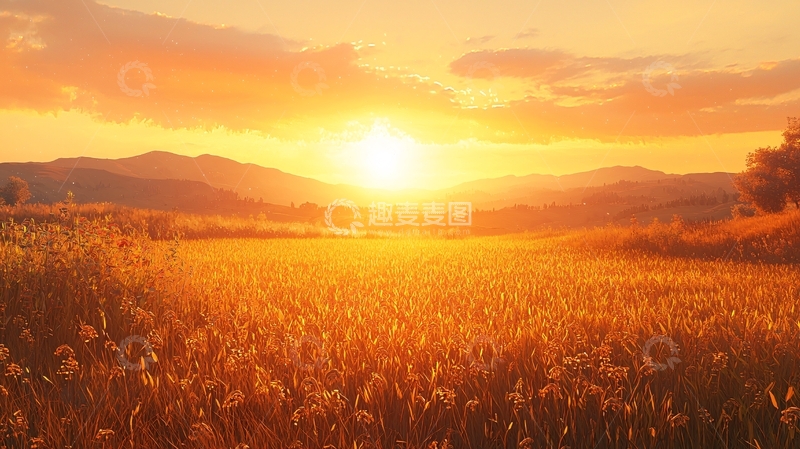 高清大图下载【趣麦麦图】夕阳下的金色田野