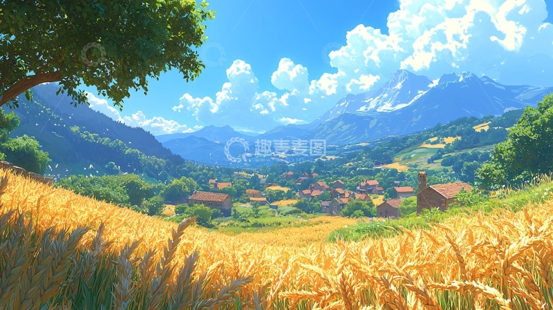 高清大图下载【趣麦麦图】阳光下的麦田山谷村庄
