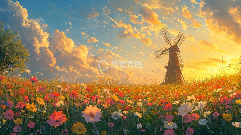 高清大图下载【趣麦麦图】日落下的彩色花田与风车
