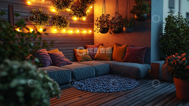 高清大图下载【趣麦麦图】温暖灯光下的阳台休闲区