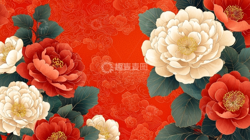 高清大图下载【趣麦麦图】红白山茶花喜庆背景图