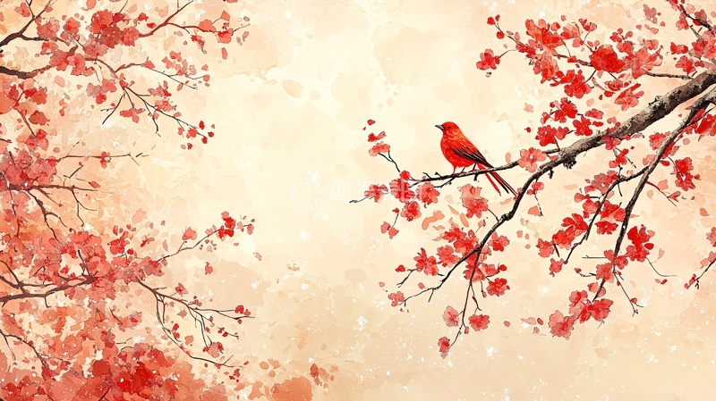 高清大图下载【趣麦麦图】红鸟栖枝头水墨画