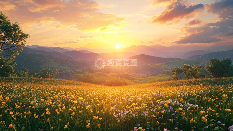 高清大图下载【趣麦麦图】山峦日出花海