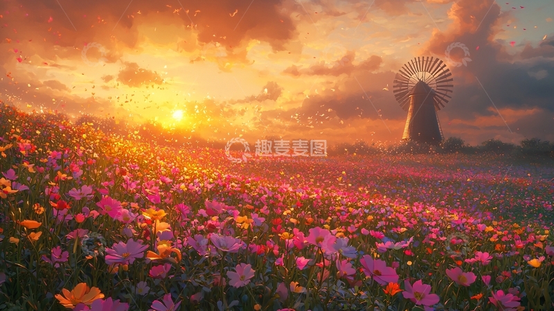 高清大图下载【趣麦麦图】日落花海风车田园