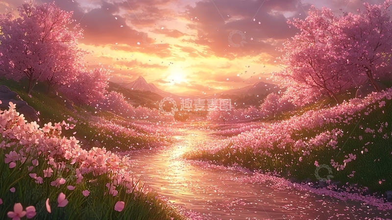 高清大图下载【趣麦麦图】唯美粉色樱花树下的河流