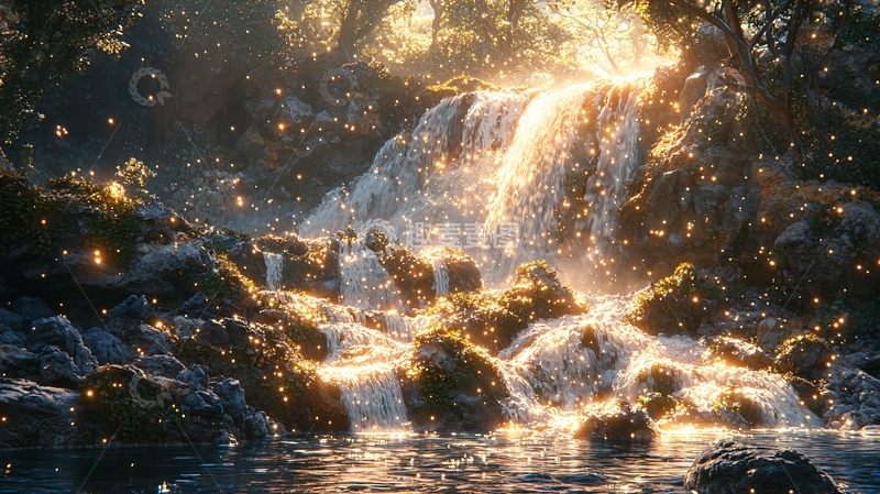 高清大图下载【趣麦麦图】金色阳光下的瀑布