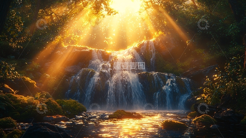 高清大图下载【趣麦麦图】阳光森林瀑布