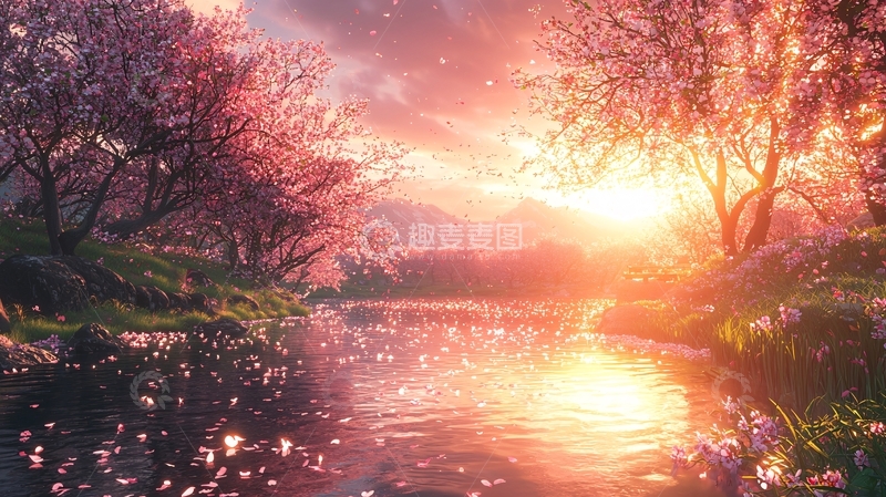 高清大图下载【趣麦麦图】唯美日落樱花河景