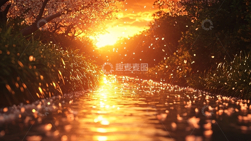 高清大图下载【趣麦麦图】夕阳西下小河流水