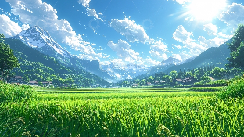 高清大图下载【趣麦麦图】阳光明媚的山谷田园风光