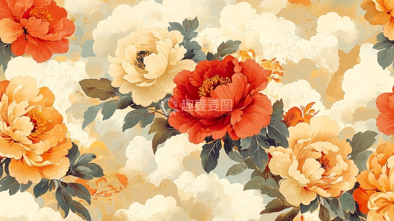 高清大图下载【趣麦麦图】红橙色牡丹花朵云朵背景