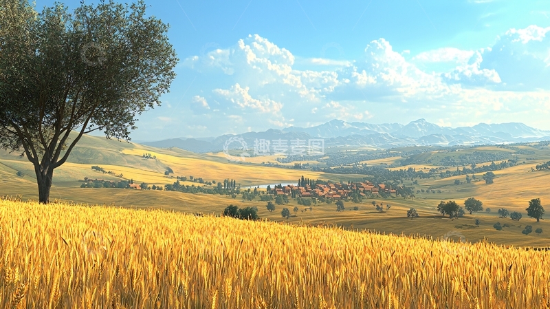 高清大图下载【趣麦麦图】金黄麦田乡村风景图