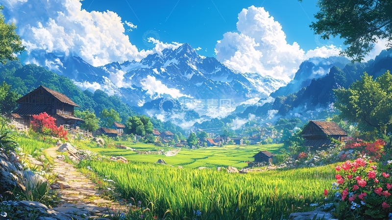 高清大图下载【趣麦麦图】雪山下的村庄