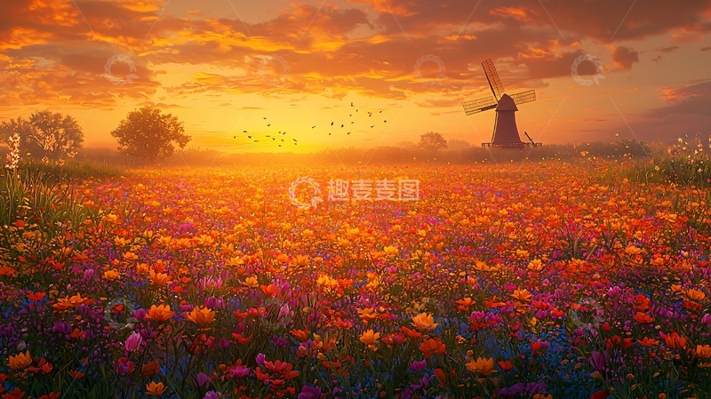 高清大图下载【趣麦麦图】日落下的花海与风车